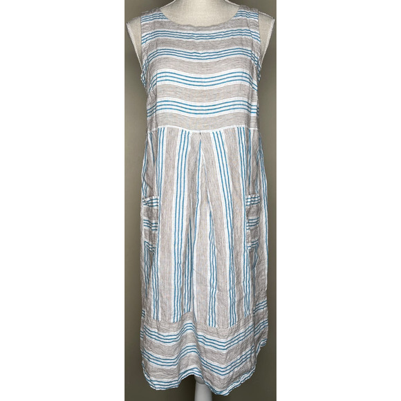 J Jill Love Linen womens dress sleeveless white brown blue striped shift size XS - Picture 1 of 12